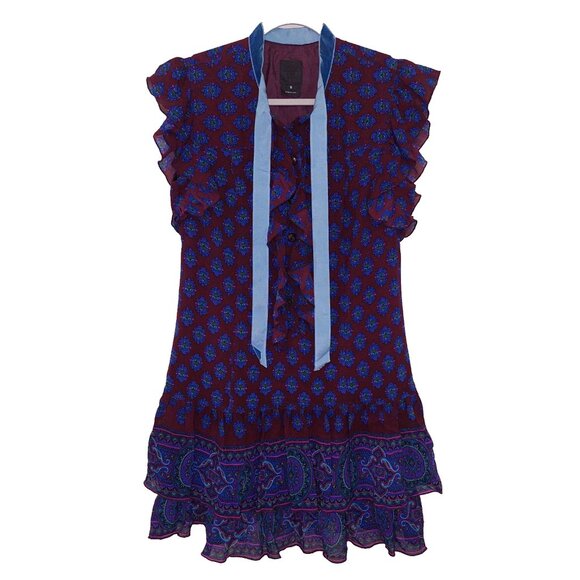ANNA SUI FW09 Medallion Print Ruffle Tier Silk Blend Mini Dress Velvet Trim 6 - Picture 4 of 7